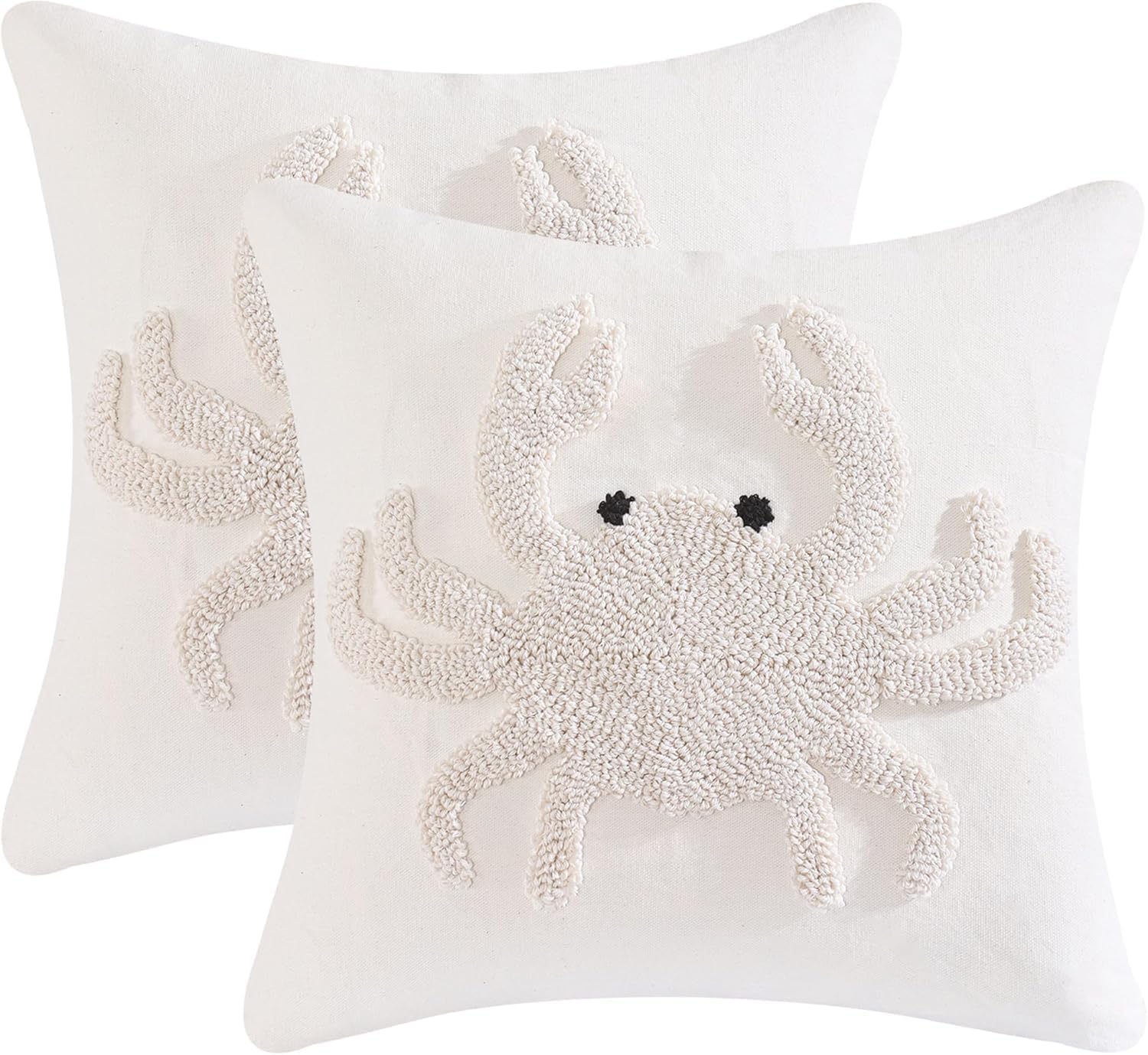 Crab Pillow Covers 18x18 Pack of 2 Coastal Beach Embroidered Throw Pillow Covers Beige Tufted Pillow Cushion Cases Farmhouse Decor Ocean Themed Cushion Covers for Spring Summer