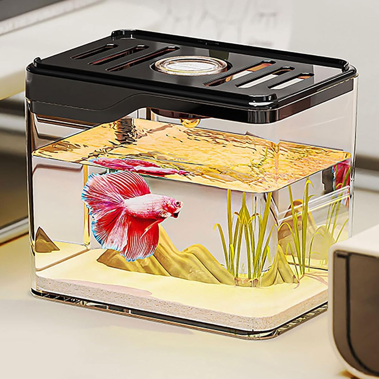 2 Square Drop-Resistant Desktop Fish Colorful LED Illuminated Clear Aquarium Bowl for Family Friend Fish Tanks