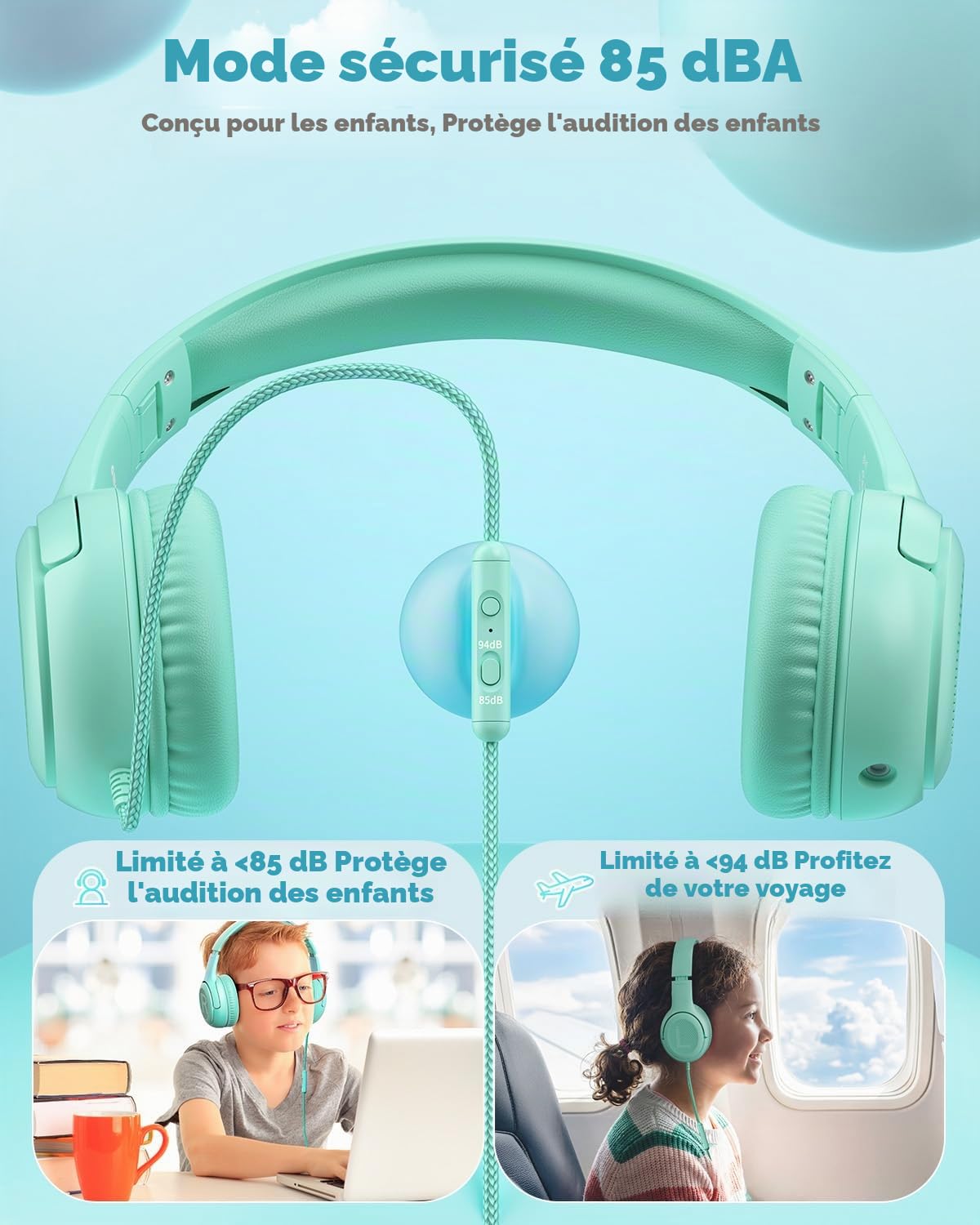 awatrue Casque Audio Enfant, Casque Enfant Filaire avec Volume Limité 85/94db, Fil 3.5 Mm, Pliable, Partager l’Audio, Micro Integré pour Ipad/Voyage/Tablette/Téléphone, Vert
