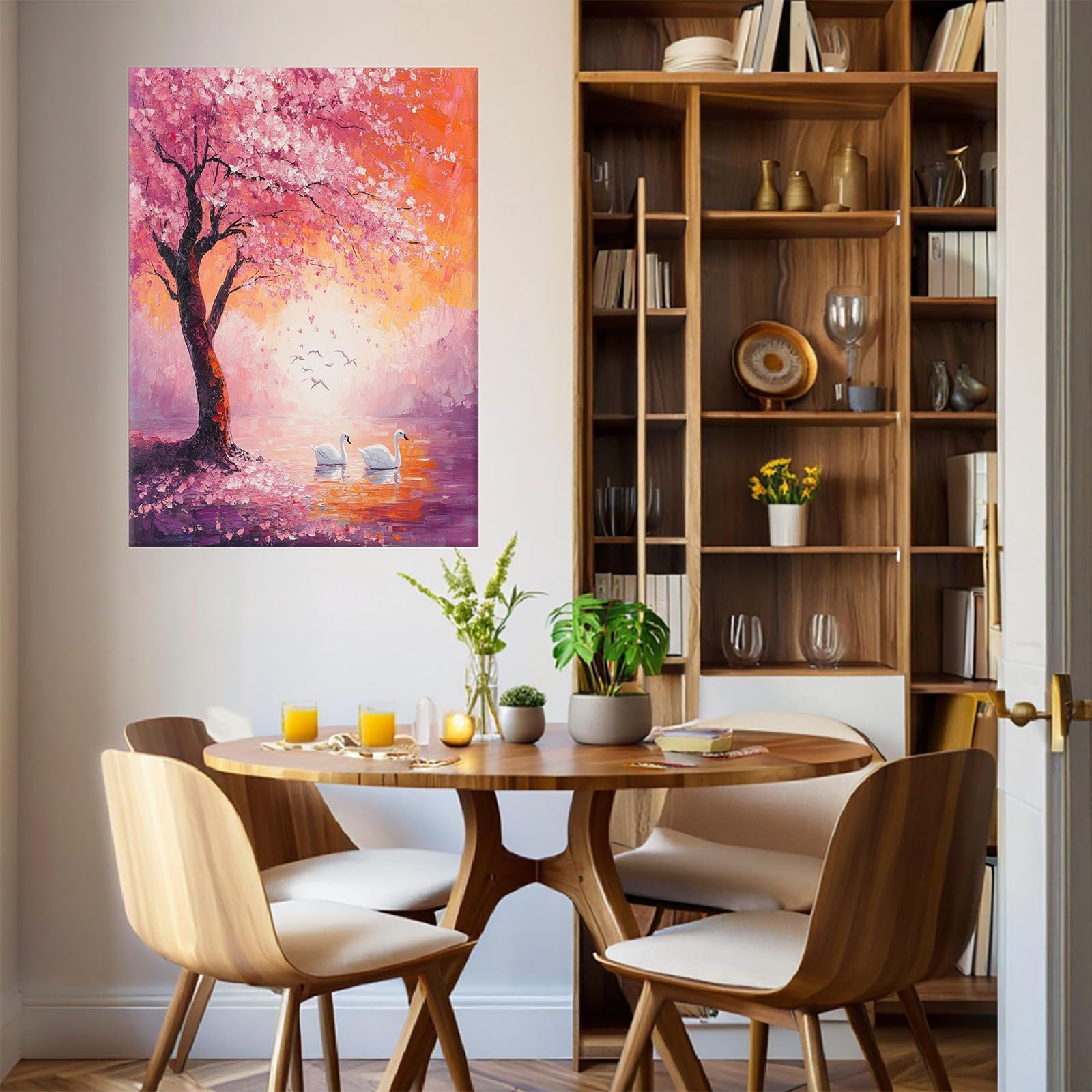 Leinwandbild 70 x 50 cm Abstrakte Kirschblüten und Schwäne Kunstdruck Wandbild Foto Poster Bild Fertig zum Aufhängen Aesthetic Deko Flur küche Büro Villa Badezimmer
