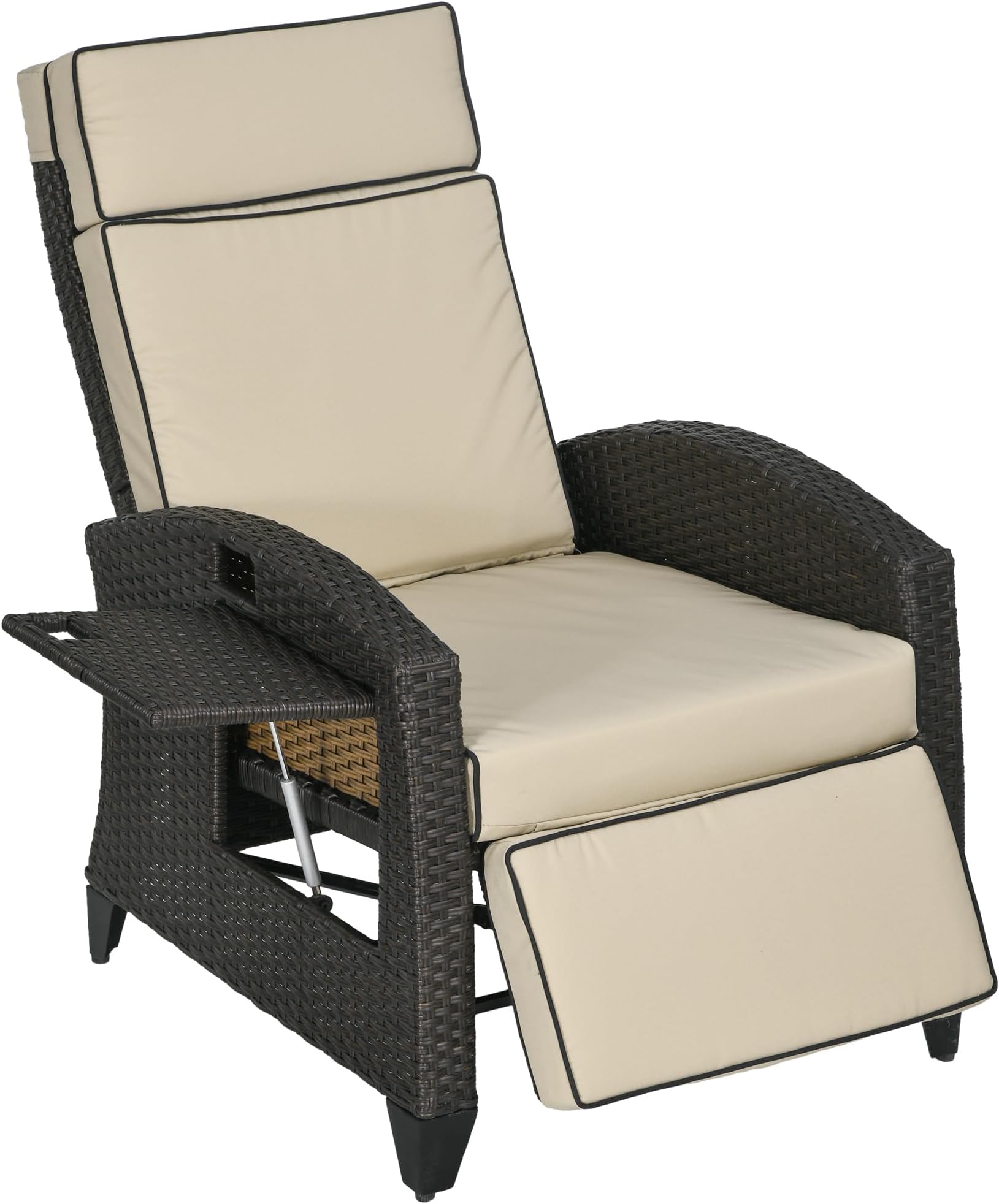 Outsunny Outdoor Recliner Chair with Cushion, PE Wicker Reclining Patio