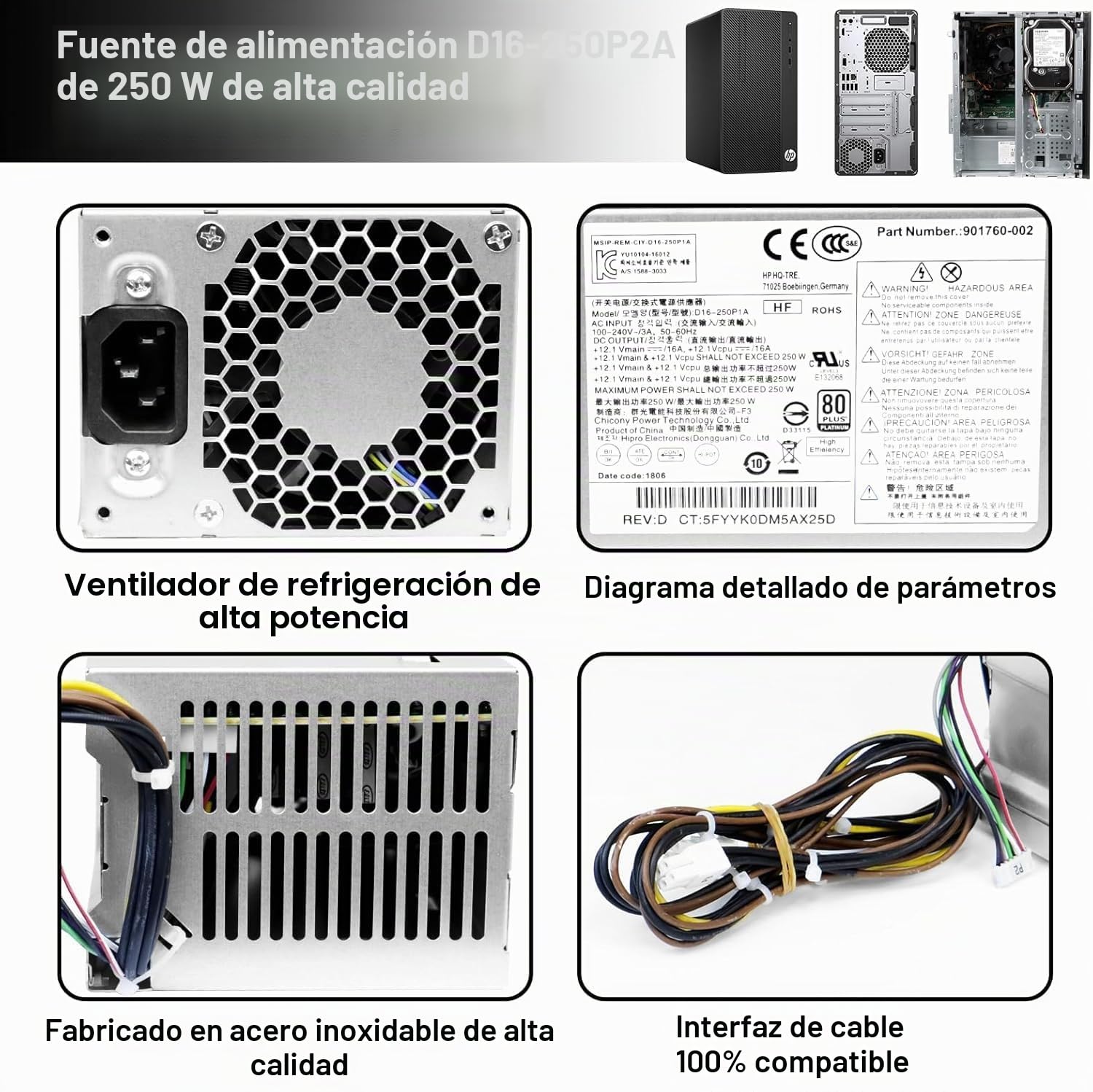 S-Union Fuente de alimentación mejorada D16-250P1A L08417-002 de 250 W de repuesto compatible con HP ProDesk 280 282 600 800 G3 480 400 G4 P/N PCH022 L08417-004 901760-002 PA-225 1-5 D16-250P1A (24