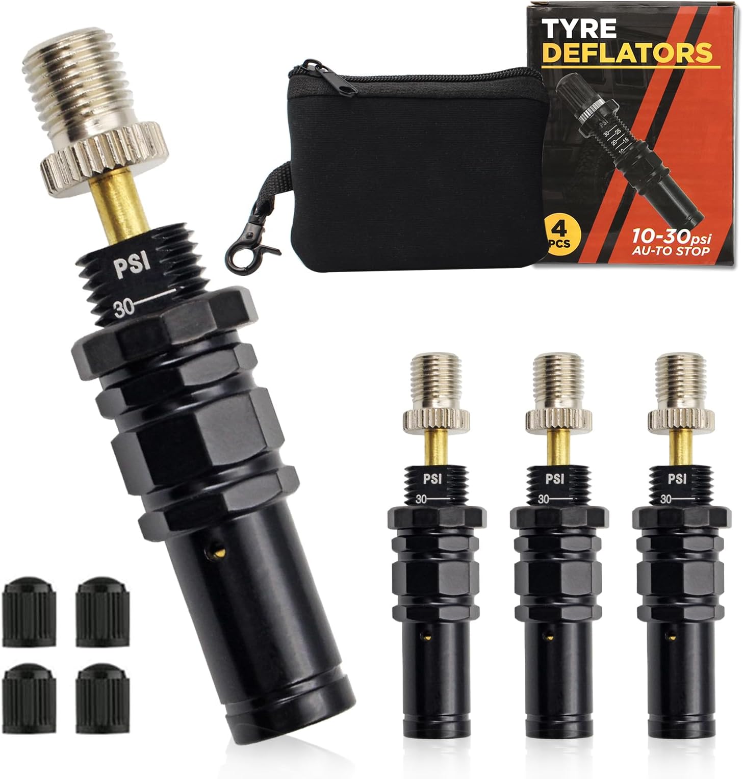 Tire deflators, 4Pcs Adjustable Tire Deflator Kit 10-30 PSI, for Off-Road Accessories of Tire Deflators for Jeeps, Cars, Trucks, Motorcycles, ATVs