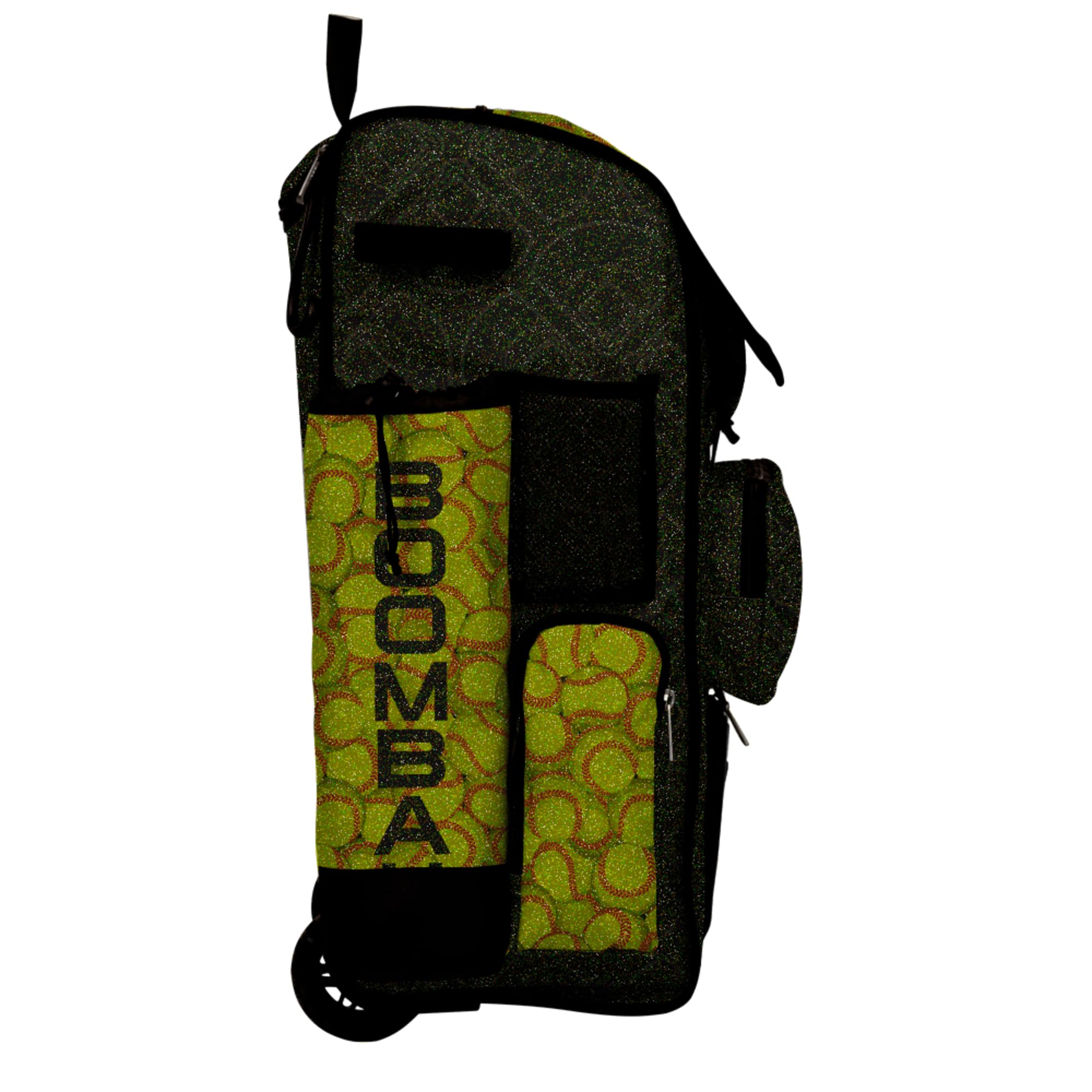 Boombah Rolling Superpack Baseball/Softball Gear Bag - Telescopic Handle - Holds 4 Bats - Wheeled Version - Softball Optic Black Glitter Black/Optic Yellow/Red