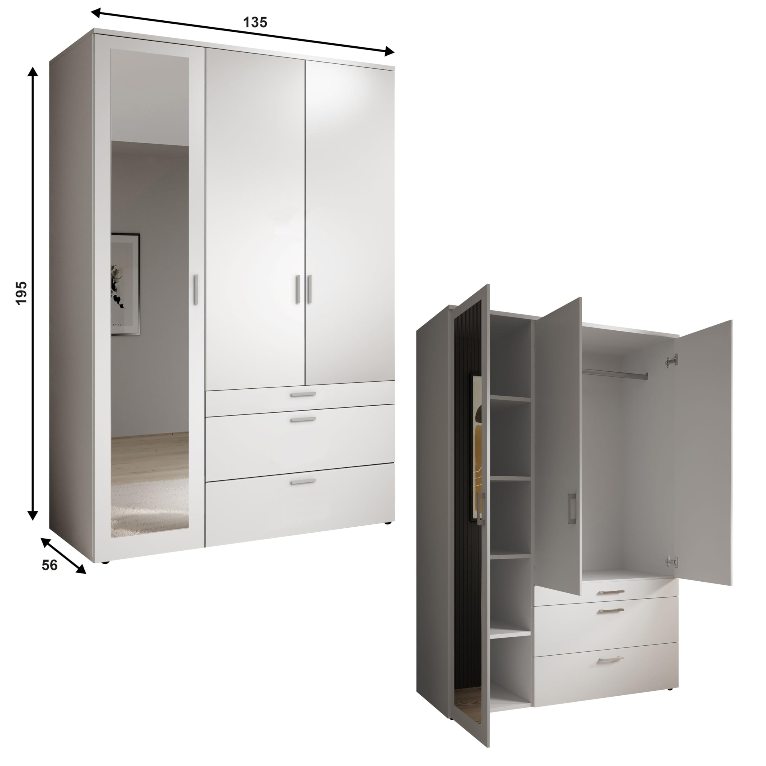 VESALA Kleiderschrank mit Spiegeltür in Weiß, 3-türig Drehtürenschrank | 135 x 195 x 56 cm (B/H/T), Schlafzimmer, Kleiderstange, 4 Ablageböden, 3 Schubladen, Schlafzimmerschrank, mit Spiegel