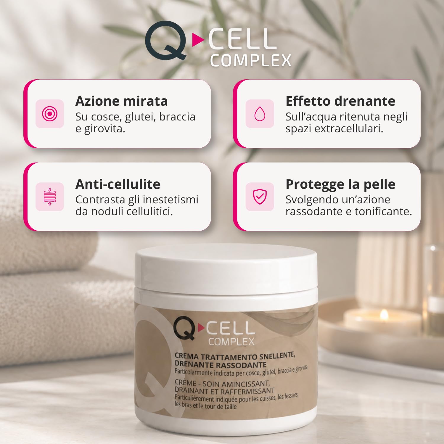 Q1, Q-Cell, Kit Anticellulite Crema Snellente 200 ml + Tisana Drenante 500 ml, Trattamento Snellente Corpo Completo per Cosce, Glutei, Braccia e Pancia, Azione Rassodante, Drenante e Tonificante