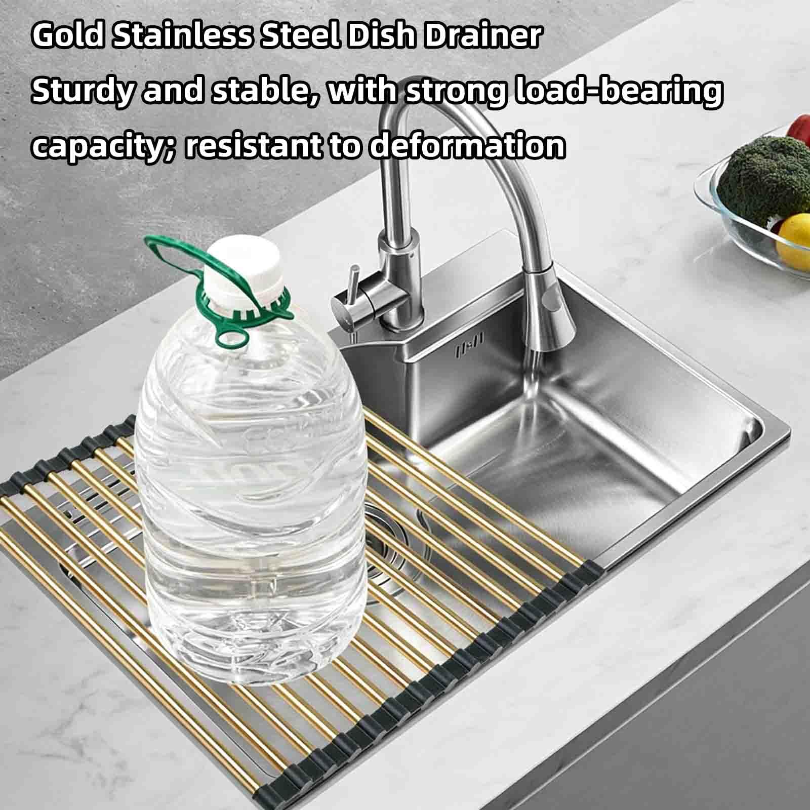 JUSHZ Abtropfgestell Geschirr Geschirrabtropfgestell Abtropfständer Abtropfgitter Spüle Geschirrständer Dish Drying Rack Geschirrkorb Besteckkorb Faltbar Klappbar Gold Edelstahl (Gold,480x340mm)