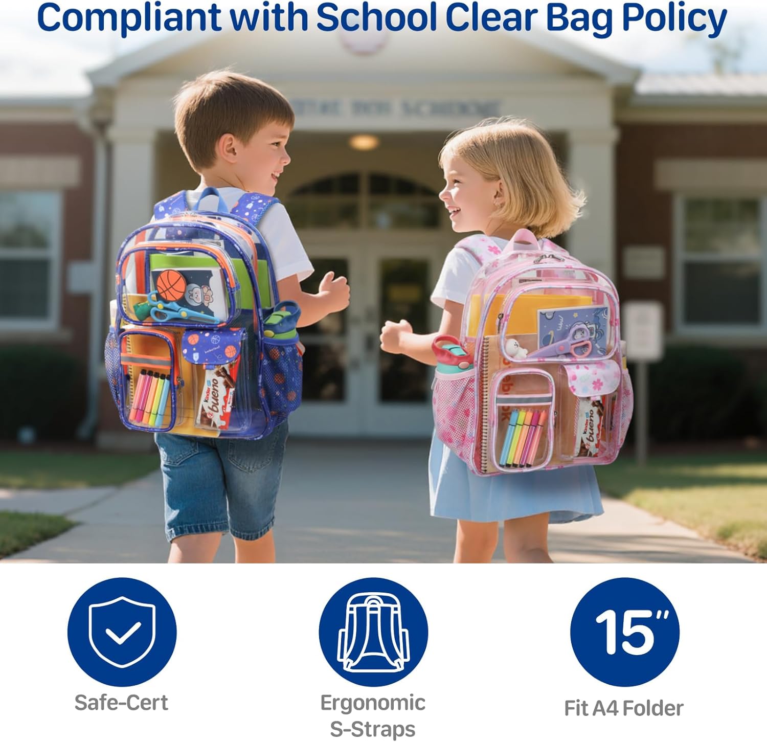 Bagseri Clear Backpack for Boys, 15 Inch Heavy Duty Kids Transparent Bookbag for School Kindergarten to 2nd Grade, Fits 12.5 Inch Folders, High Visibility Reflective Strips, Blue Basketball - Image 2