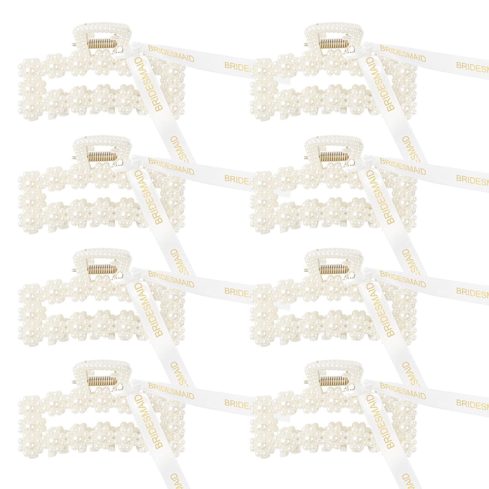 8PCS Pearl Bridesmaid Hair Claw Clips with Ribbon Bachelorette Gifts for Bridesmaid 3 Inch Rectangle Bridesmaid Hair Hccessories for Wedding Party Favors