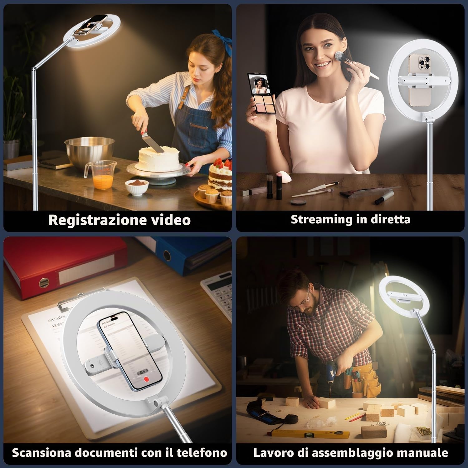 yAyusi Senza Fili Luce ad Anello con Supporto Cellulare, 174 cm Pieghevole Ricaricabile Supporto per Ring Light per Fotografia Dall'alto per Registrazione Video, Fotografia, Streaming Live, TikTok