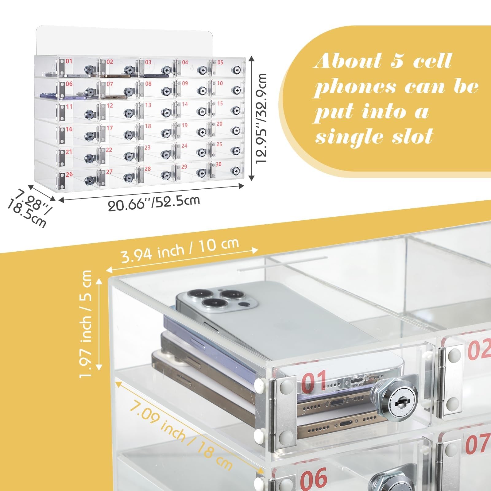 Armadietto Trasparente for Cellulari, Armadietto for Cellulari in Acrilico da 12/15/20/25/30 Slot, Cassetta di Sicurezza for Telefono a Parete con Chiavi for Ufficio, Scuola, Aula, Fabbrica ( Size : 3
