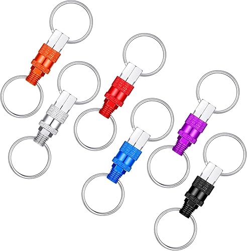 Paquete de 6 llaveros de liberación rápida desmontables, acoplador desmontable con 2 anillos divididos (rojo, azul, morado, plata, naranja, negro)