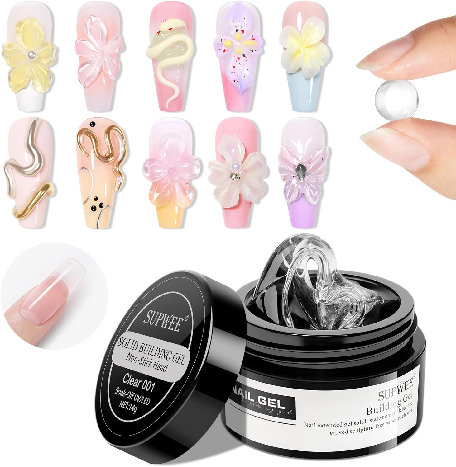 SUPWEE 3D Nail Sculpting Gel Solid Builder Gel for Nails Art, Non-Sticky Hand Hard Gels for Extension Moding Carving DIY at Home 14g(0.49fl oz)