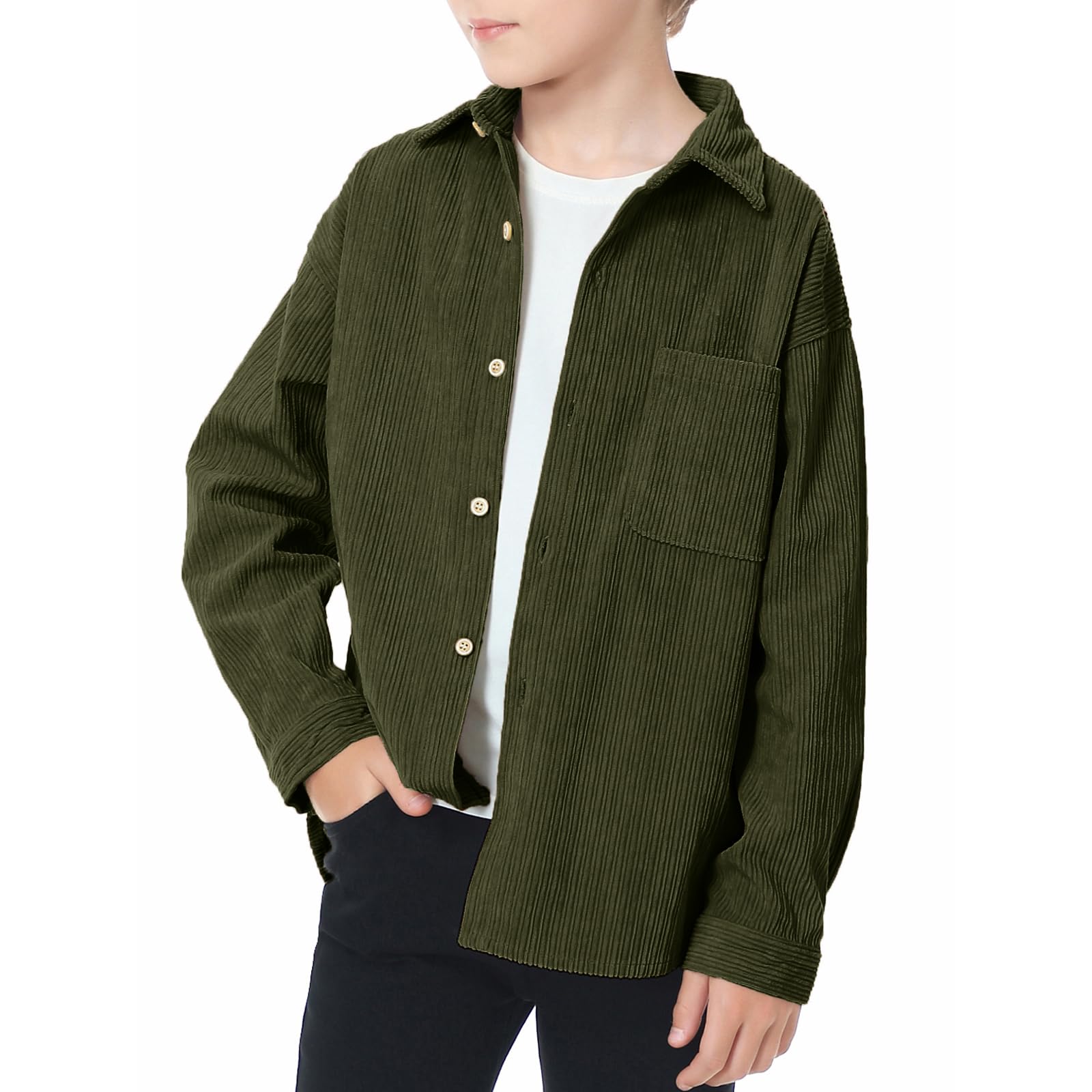 LOLANTA Camisas de pana para niños con botones occidentales con bolsillo, manga larga, solapa sólida