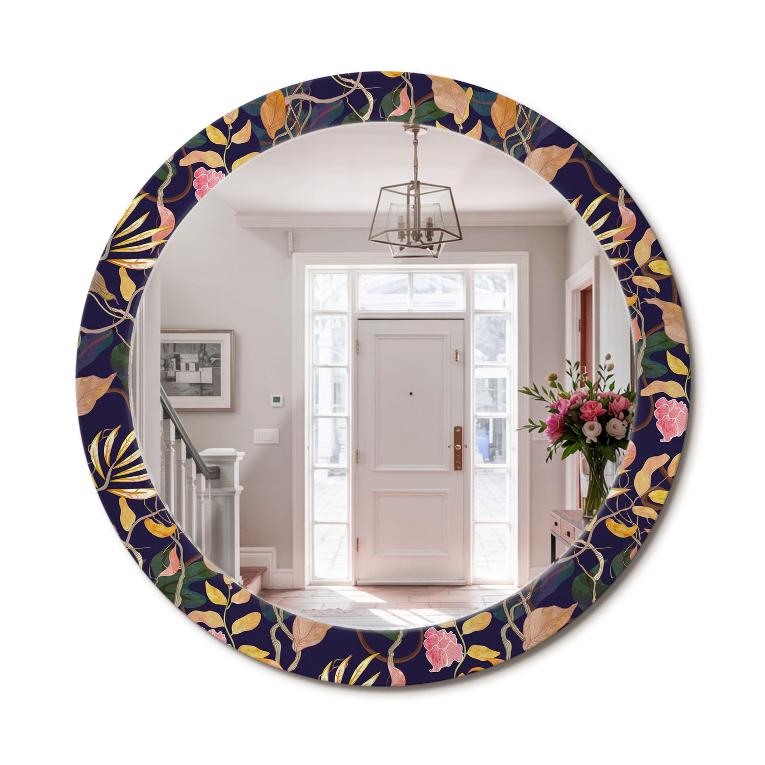 Miroir rond fi80 avec cadre imprimé plantes aquarelle pour décoration de salon et chambre