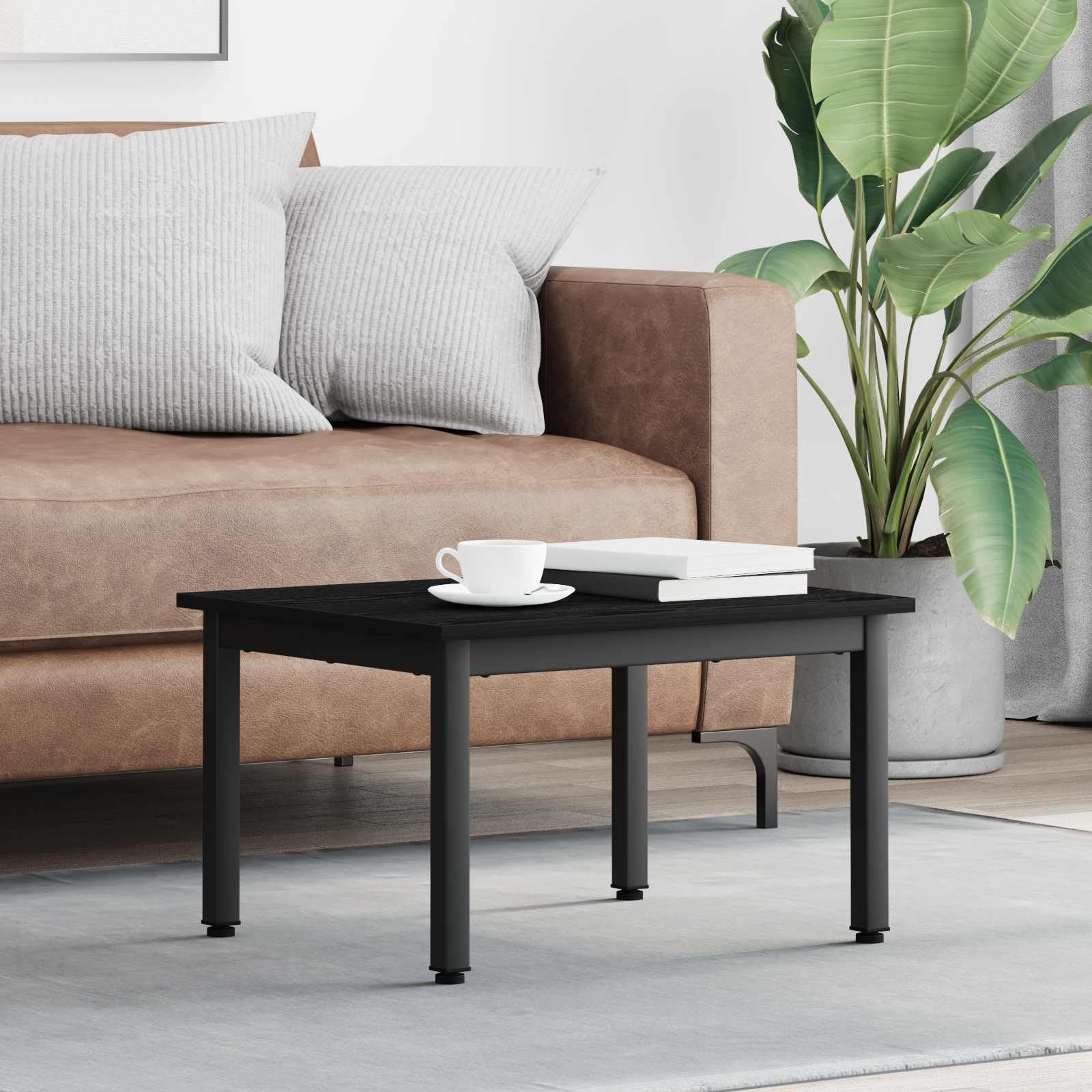 Mesa de centro con aspecto de roble negro, 60 x 50 x 36 cm, de material de madera con patas de metal, diseño moderno, resistente y duradera, para salón, dormitorio y pasillo