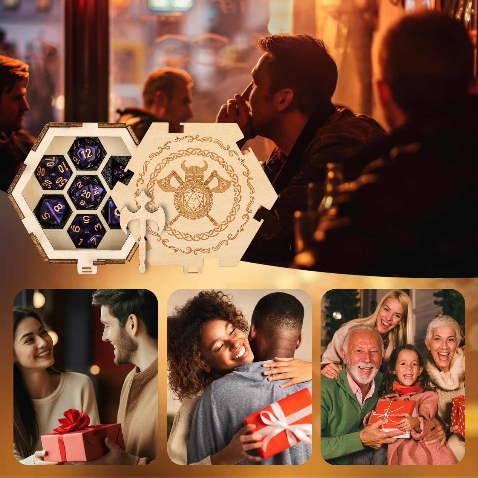Würfel Box Aufbewahrung, 7 Polyedrische Würfel, D&D Zubehör, Holz Hexagon Wikinger Muster mit Axt, Rollenspiele Satz, Würfelbox DND, Geschenke für Tabletop Spieler