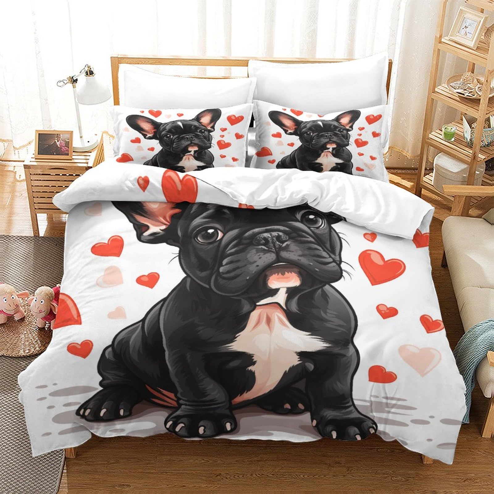 Stampato in 3D Bulldog francese Copertina Stampata Microfibra Disegnata Biancheria Da Letto Stile Morbido Con 2 Federe,Double（200x200cm）, Per Ragazzi Adulti