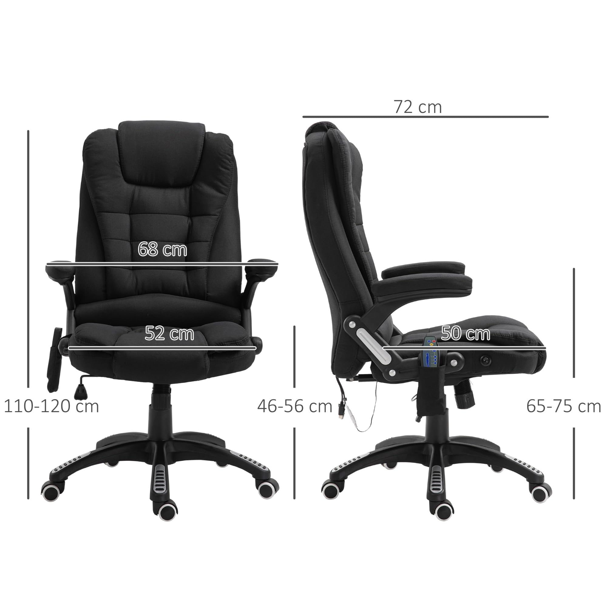 Vinsetto Fauteuil de Bureau massant et Chauffant, Chaise de Bureau, Chaise Ergonomique avec Hauteur réglable, Dossier inclinable et télécommande Filaire, pivotant à 360° Tissu en Polyester Noir