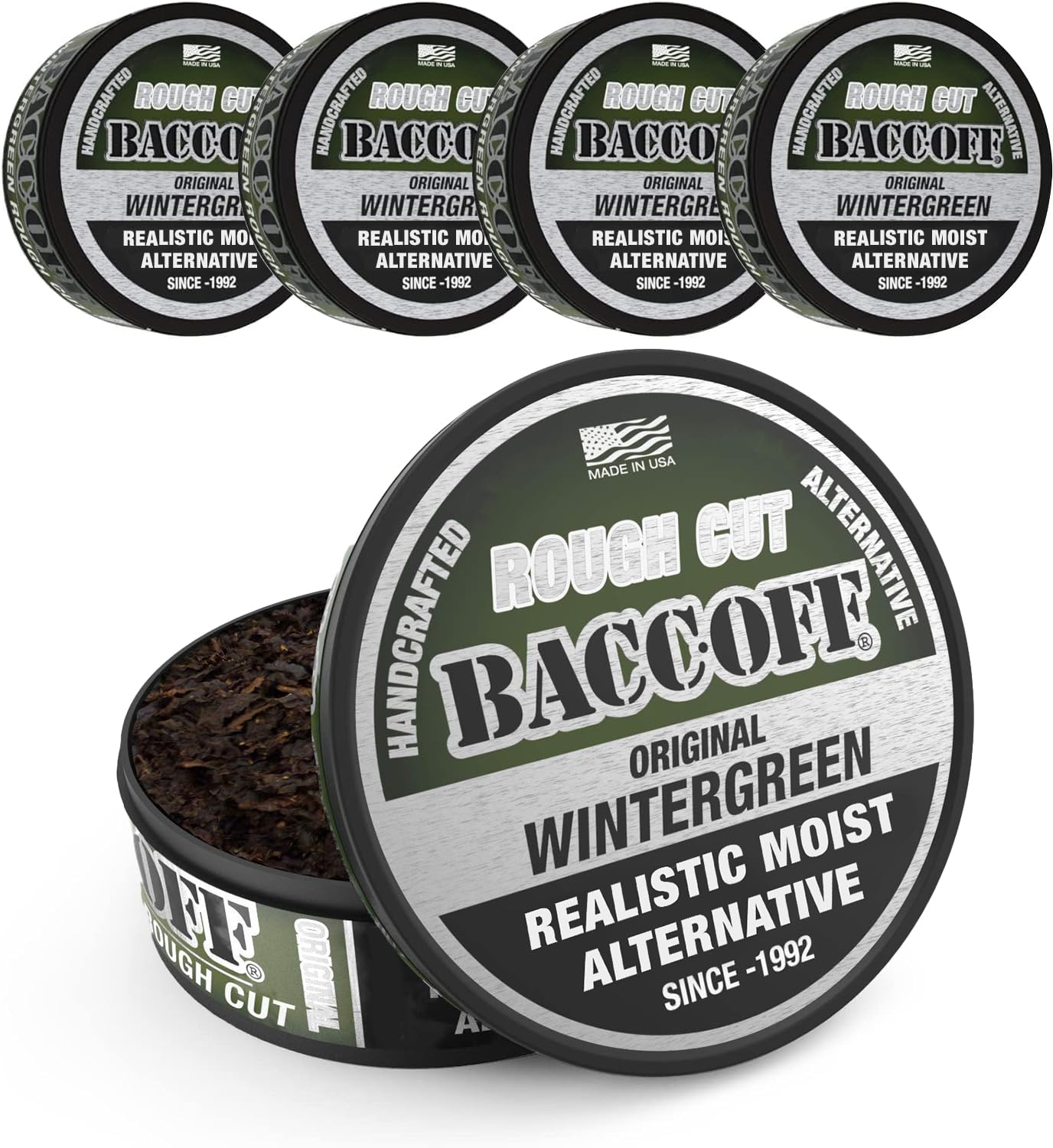 BaccOff, Original Wintergreen Rough Cut, Premium Tobacco Free, Nicotine Free Snuff Alternative (5 Cans)