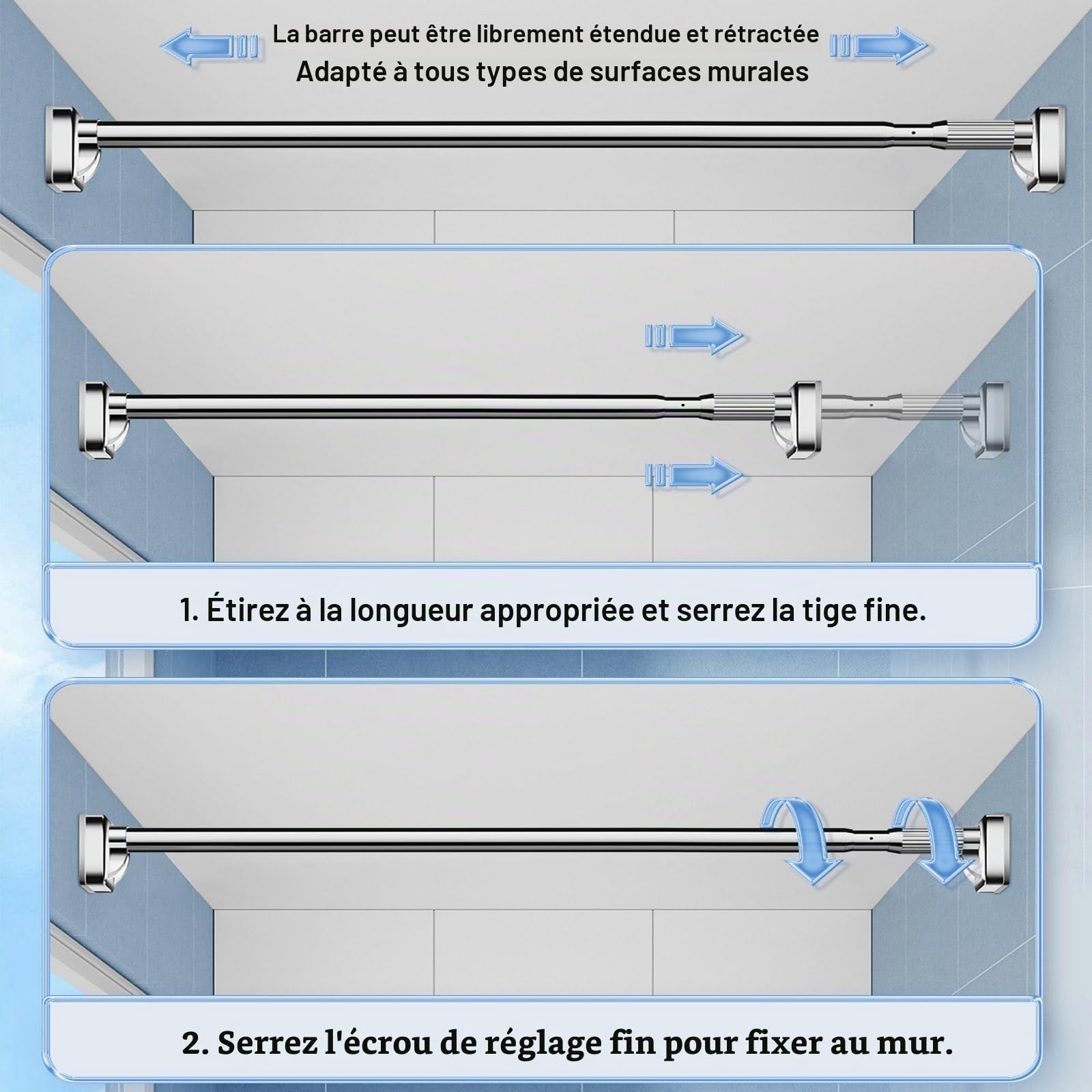 Tringle de rideau de douche télescopique, 410CM-500CM, 360CM-450CM, 160CM-250CM, 40CM-55CM, Tringle Rideau Extensible Sans Percage, Barre de Douche pour Salle de Bain Chambre Placard Fenêtres Portes (