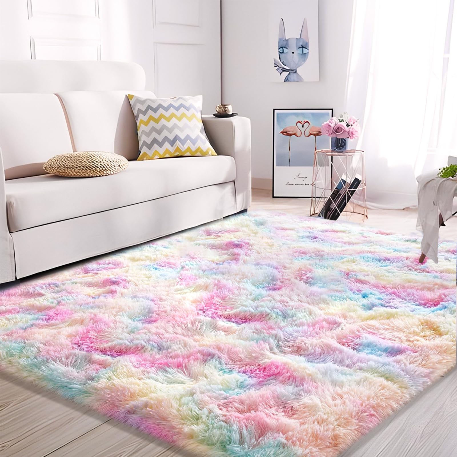 Tappeto per camera da letto, 160 x 200 cm, soffice tappeto shag per comodino, soggiorno, cameretta dei bambini, cameretta dei bambini, arcobaleno
