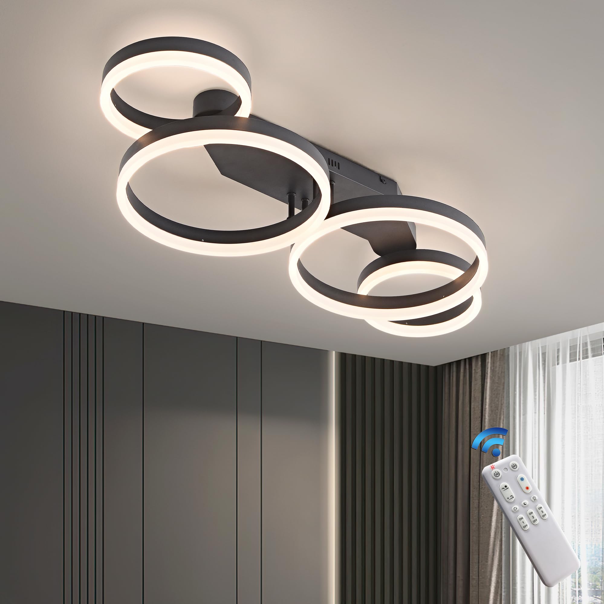 LED Deckenleuchte dimmbar, Schwarz 4-Ring Modern Wohnzimmerlampe, 48W 80cm 4800lm mit Fernbedienung, Farbtemperatur 3000-6000K, Helligkeit 10-100% Schlafzimmerlampen, Memory-Funktion, 5W Nachtlicht