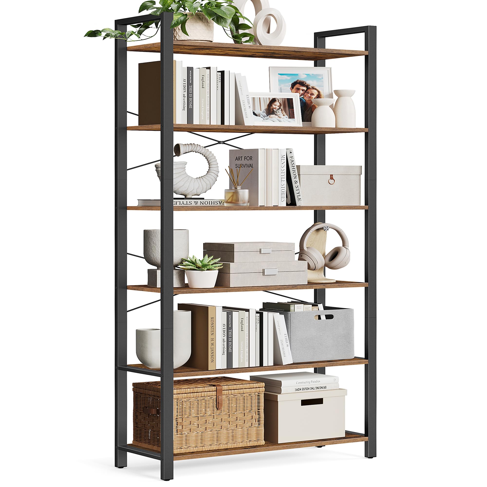 VASAGLE 6-Tier Bookshelf, Bookcase with Steel Frame, Book Shelf for Living Room, Home Office, Study, 11.8 x 31.5 x 73.2 Inches, Industrial Style, Rustic Brown and Ink Black ULLS082B01
