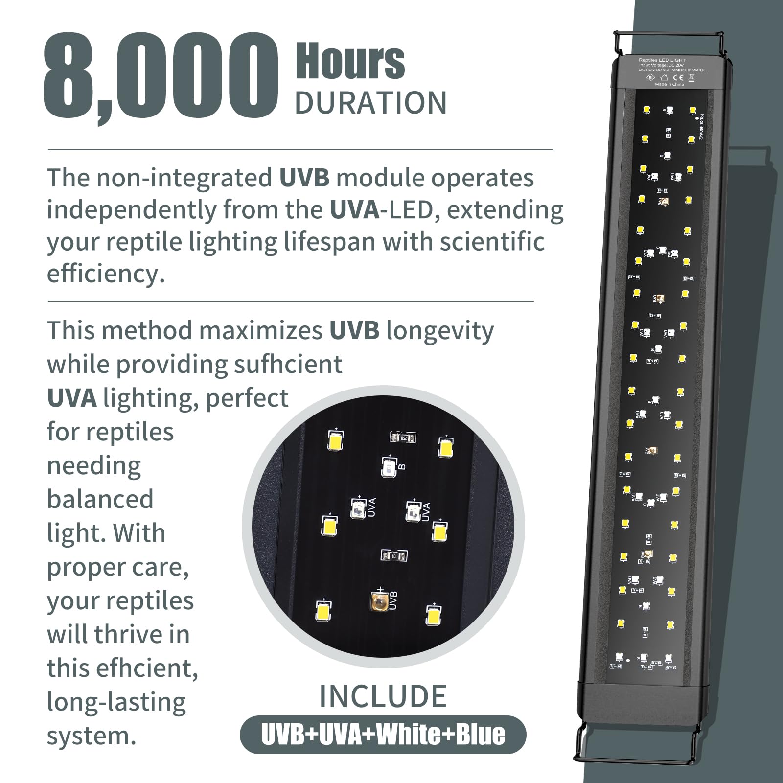 Luz LED UVA UVB de 18 pulgadas para reptiles con controlador, luz de reptil UVA y UVB de espectro completo con temporizador automático de ciclo de 24 horas y 10 regulables para dragones