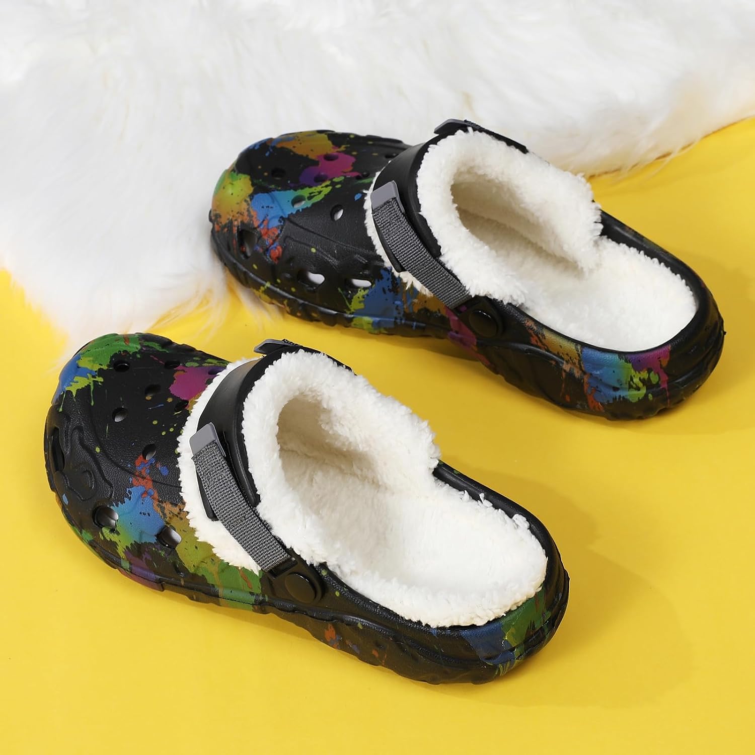 Men’s Winter Clogs – Faux Fur Lined Garden Clogs Lightweight Slip On Color Splash Garden Shoes with Adjustable Strap Winter Warm Lined Mules Slippers for Indoor Outdoor