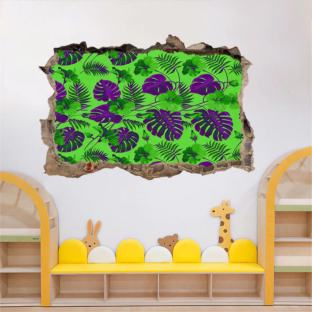 3D Wandtattoo Wanddurchbruch, Palmenblätter Durchbruch Wandaufkleber für Kinderzimmer, sticker für Wohnzimmer, Tropische Pflanzen, Grün Und Lila Wandsticker, Wandbild Junge Mädchen Schlafzimmer