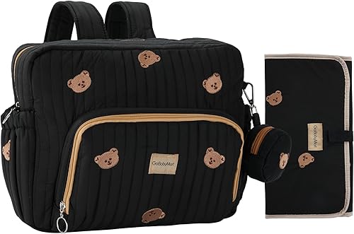 Mochila para pañales, bolsa mediana de maternidad y cambiador, bolsillos aislados, correas para cochecito y funda para chupete (Mediana, osos negros)