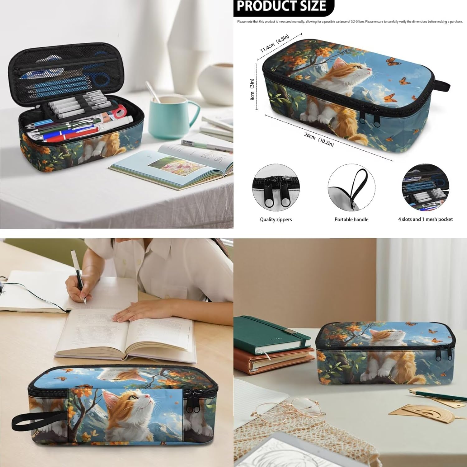 Cat Pattern Backpack for School Cute Preppy 6 Grade Lightweight Bookbag for Girls 10-12 Cute 17 Inch School Knapsack Set of 4 Classic Water Bottle Holder for Outdoors