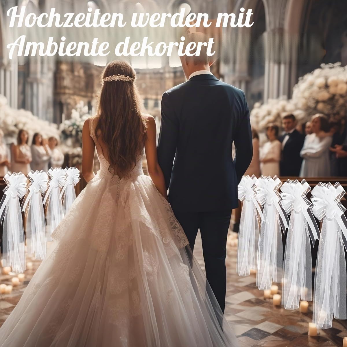 12er-Set Hochzeitsschleifen mit Tüllschwänzen Weiß Lange Stuhlschleifen Tüll Hochzeitsgang Dekorationen Kirchenbänke Geschenkschleife Hochzeitsdeko Autoschleifen Große Schleife für Brautparty