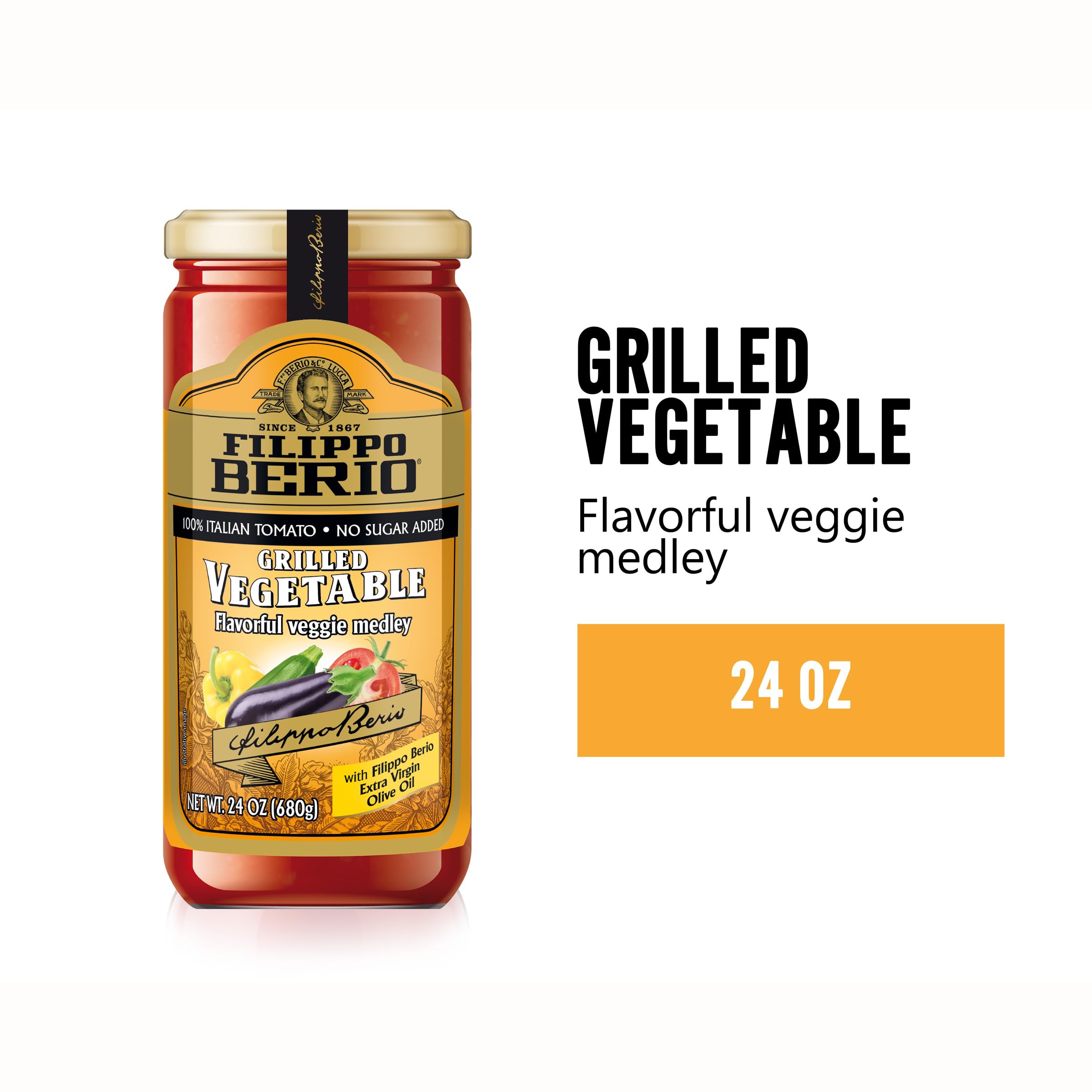 Filippo Berio Pasta Sauce, Grilled Vegetable Sauce, 24 Ounce Glass Jar, No Sugar Added, Vegan, Gluten Free, Lactose Free, Non-GMO