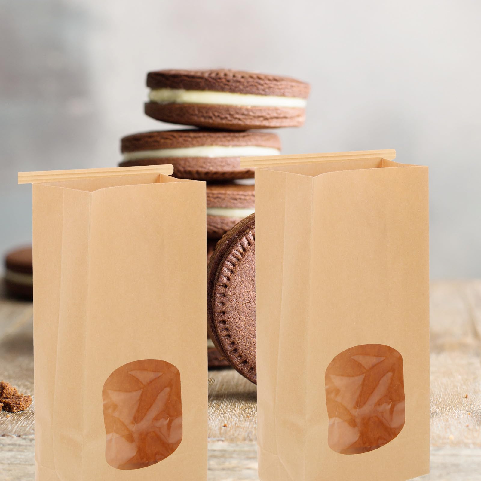 Bolsas de Papel Kraft para Empaquetar Galletas y Snacks, 100 Unidades, Tamaño Pequeño Ventana, Resistentes Grasa, para Repostería, Fiestas y Merienda Infantil
