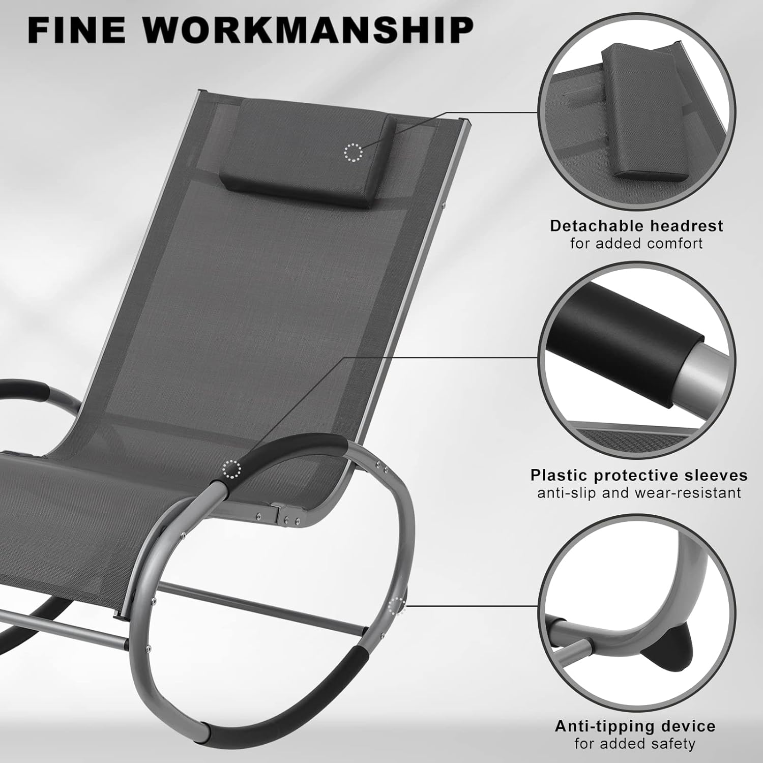 Close-up of WOLTU LS003gr features including detachable headrest, protective sleeves, and anti-tipping device