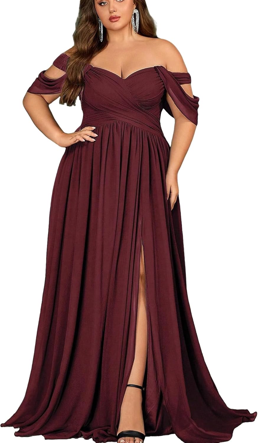 Women's Daily Plus Size Dresses A Line Chiffon Wedding Guest Bridesmaid Maxi Dress Prom Evening Party Cocktail Gown #1 Wine Red X-Large