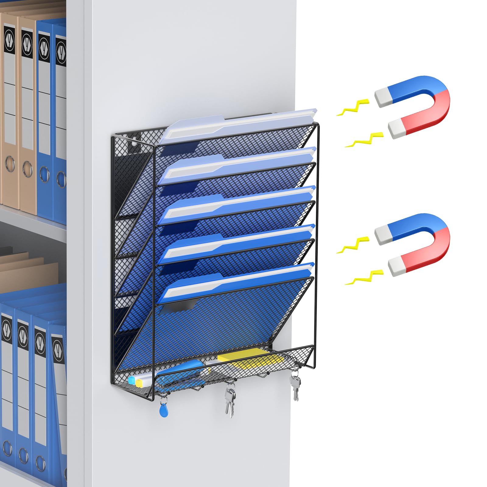 OUTWOLF Magnetic File Holder, 6-Tier Magnetic Wall Hanging File Organizer, Paper Folder Mail Organizer for Office, File Cabinets, Whiteboard, Fridge