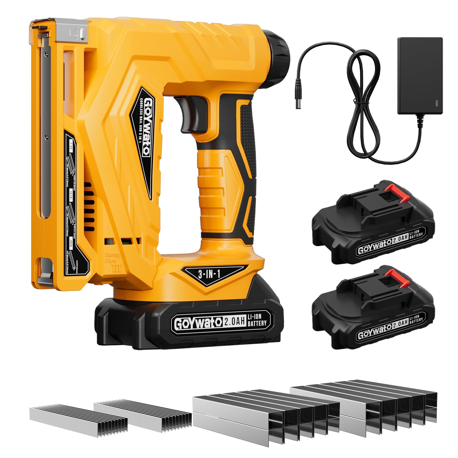 GoYwato Cordless Nail Gun 21V - 18GA 3-in-1 Cordless Brad Nailer w/ 2 x 2.0Ah Battery & 1000x18GA Nails & 1000xT50 Staples & 1000x1014J Staples, Electric Stapler Gun for DIY Home Projects Woodworking