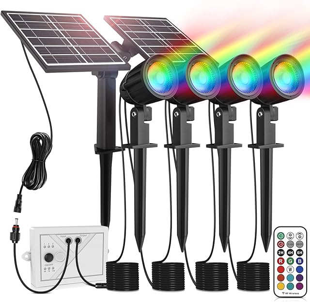 Linke Solar Spot Lights Outdoor Garden, 4 in 1 Colour Changing Led RGB Solar Powered Spotlights IP66 Waterproof Solar Spike Lights Remote Control Dusk to Dawn Landscape Spotlight for Yard Patio Lawn