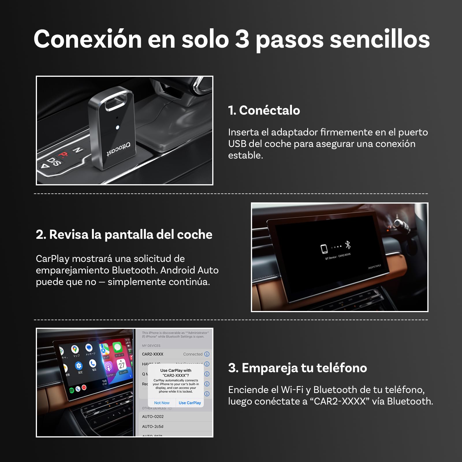 (Nuevo Modelo 2025) OTTOCAST Adaptador Inalámbrico 2 en 1 Carplay Android Auto, OTTO CAST Mini Edge para iOS 10+ y Android 11+, Plug & Play para Coches con Carplay/Android Auto de Fábrica con Cable