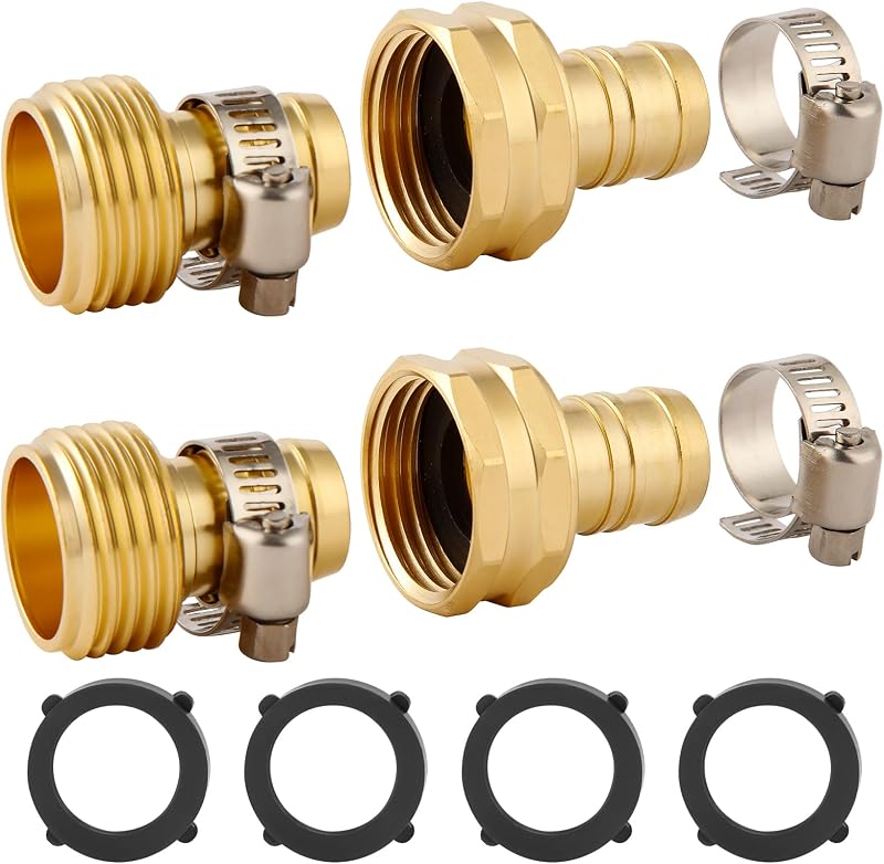 2 Set 5/8 Inch Brass Garden Hose Repair Connector Kit with Clamp | Fit for 5/8" Garden Hose Fitting,5/8'' Barb x 3/4'' GHT Garden Hose Adapter/Fittings, Water Hose Repair Kit