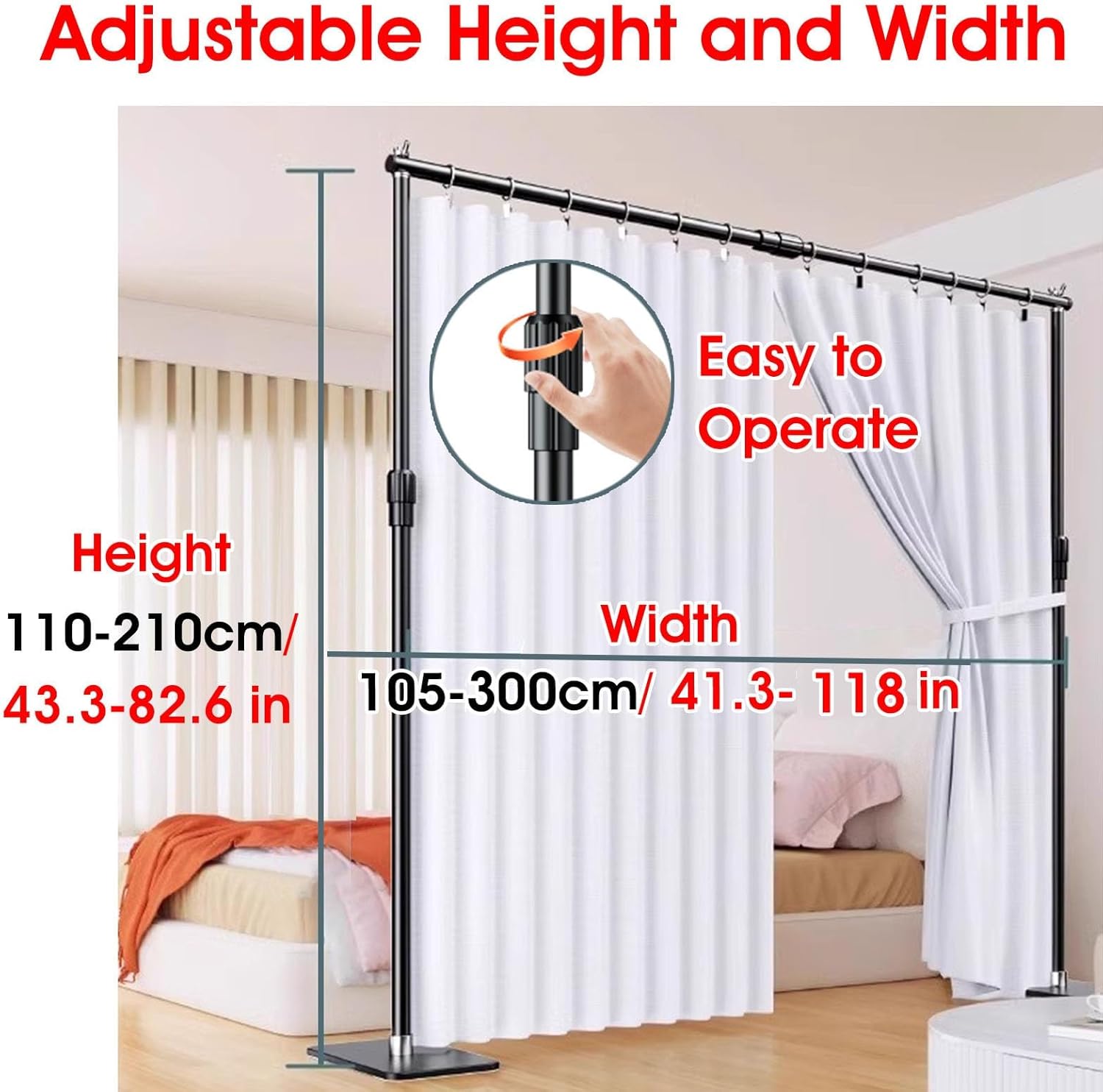 Room Divider Curtain Rod - No Drilling Tension Rod with 2 Panel Curtains for Room Separation, Adjustable Heavy Duty Space Partition Screen with Large Base(Style-1,W 1-3m/40-118 in)