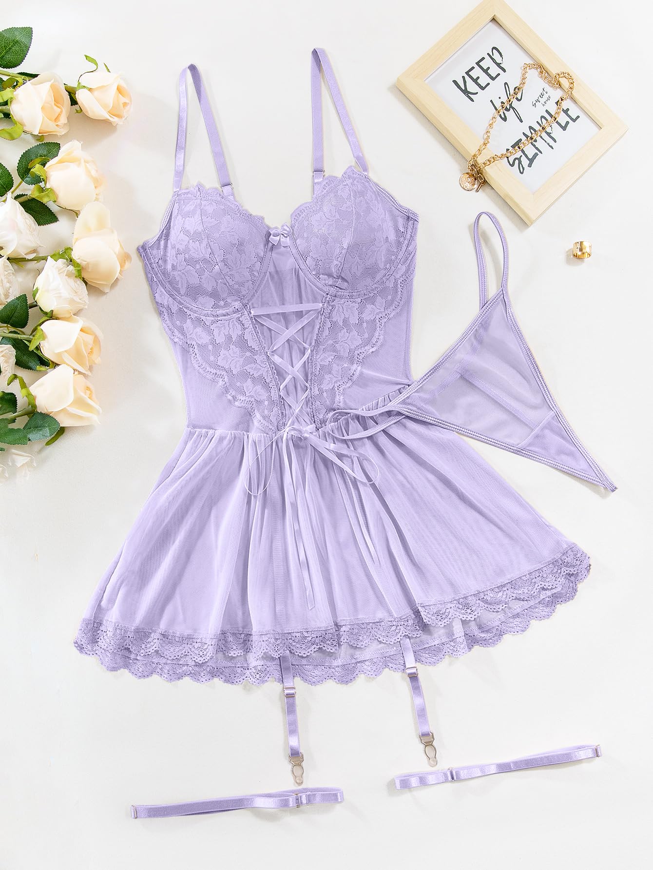 Lilosy Sexy Garter Belt Mesh Lace Babydoll Lingerie Dress Set with Thong: Small Lilac Purple