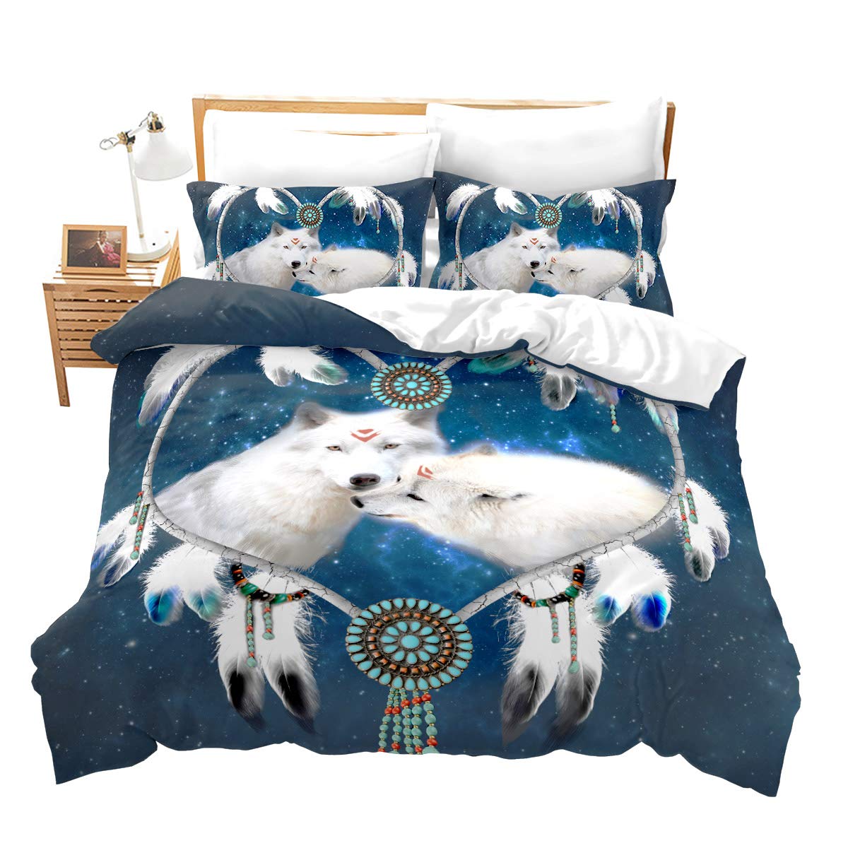 Erosebridal White Wolf Duvet Cover Set Twin 3D Animal Theme Wolf Pattern Printed Bedding Set Wolf Dream Catcher Bedding 3 Pcs Soft Microfiber Modern Animal Decor Comforter Cover for Teen Kid Adult