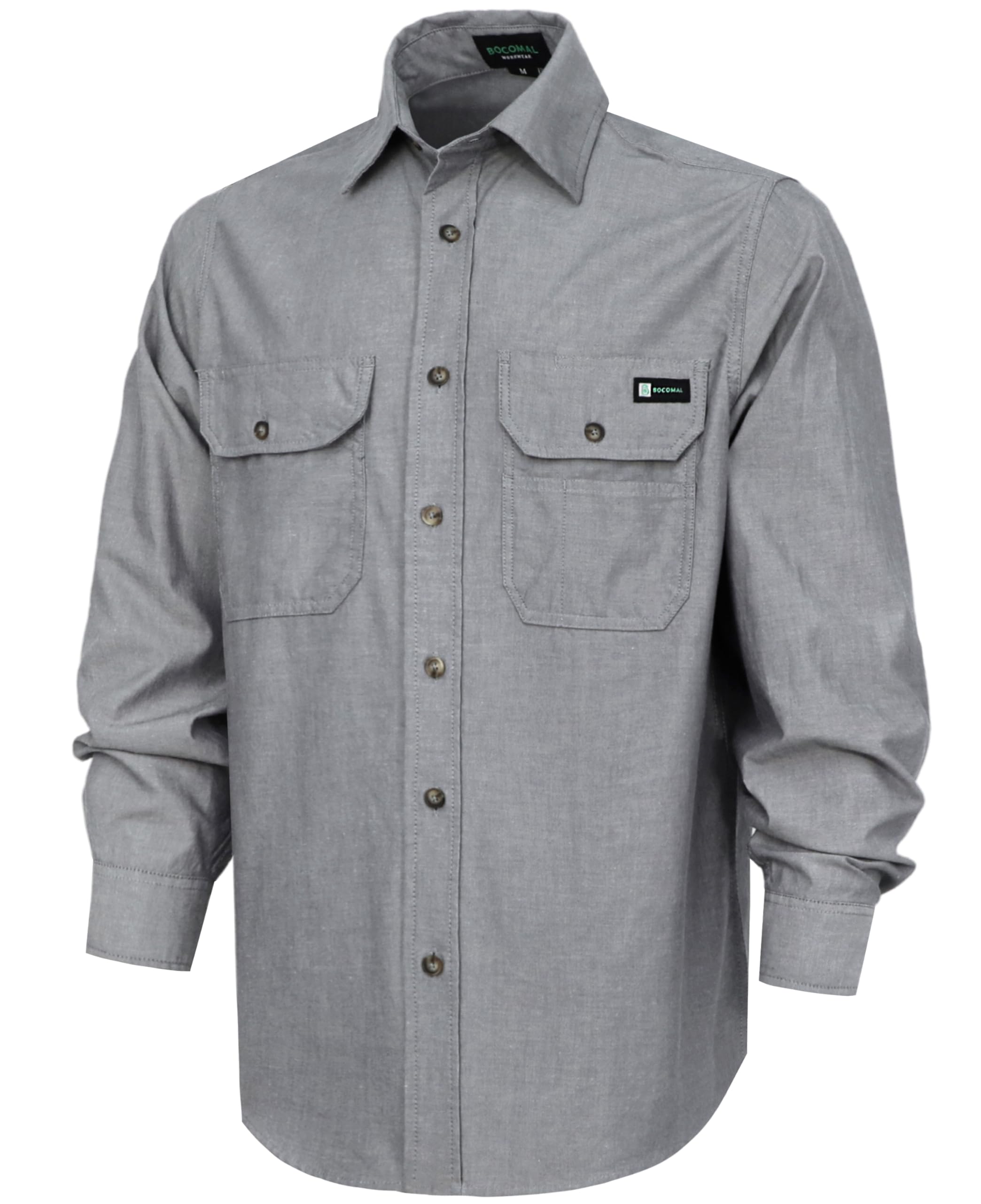 BOCOMAL Men's Lightweight Chambray Work Shirts Button Down Relaxed Fit | NON FR, Long Sleeve, 5oz 100% Cotton , EX-Soft, Western Style, Durable and Breathable, Utility Pockets for Work