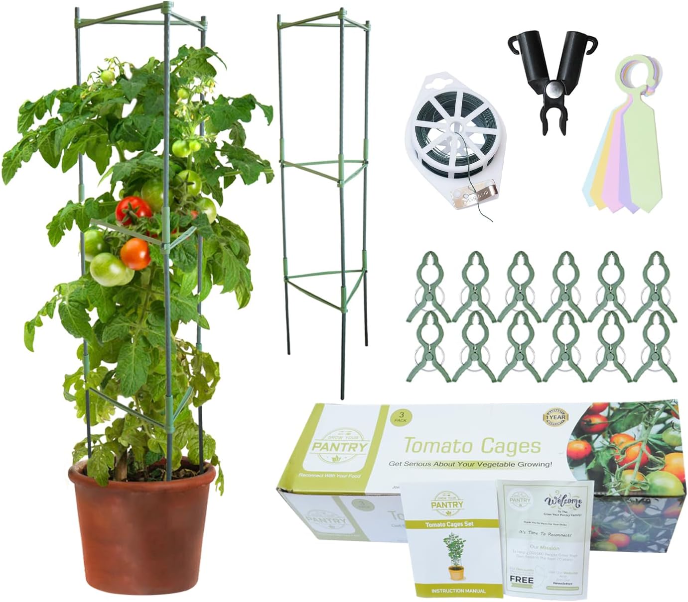 Grow Your Pantry Tomato Cage - 3-Pack 5 Ft Tomato Plant Support That Can Hold Up to 10KG of Tomato Plant and Other Climbing Plants - with Tomato Clips and Plant Wire Support - Tomato Cages for Garden