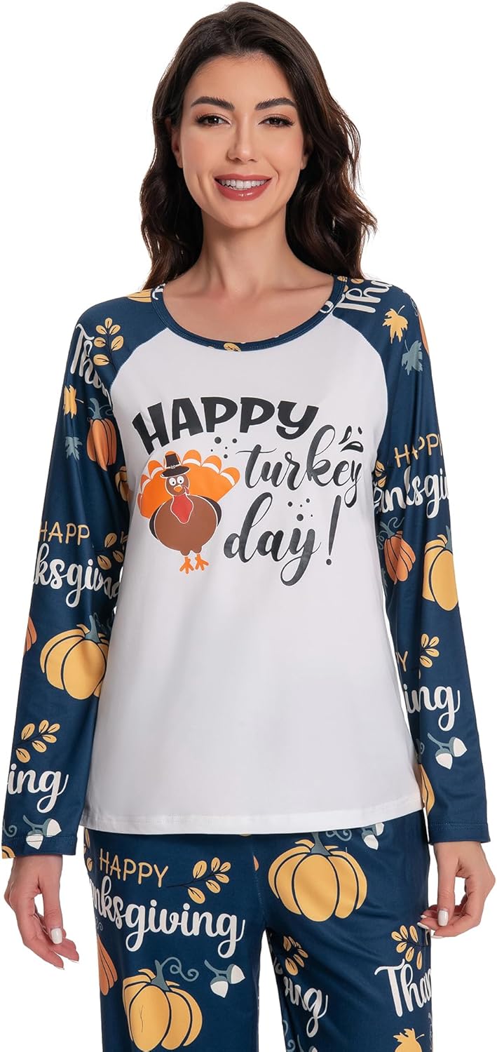 Women Turkey Pajamas Long Sleeve Tops and Pants Pajamas Set Sleepwear with Pockets - Image 7