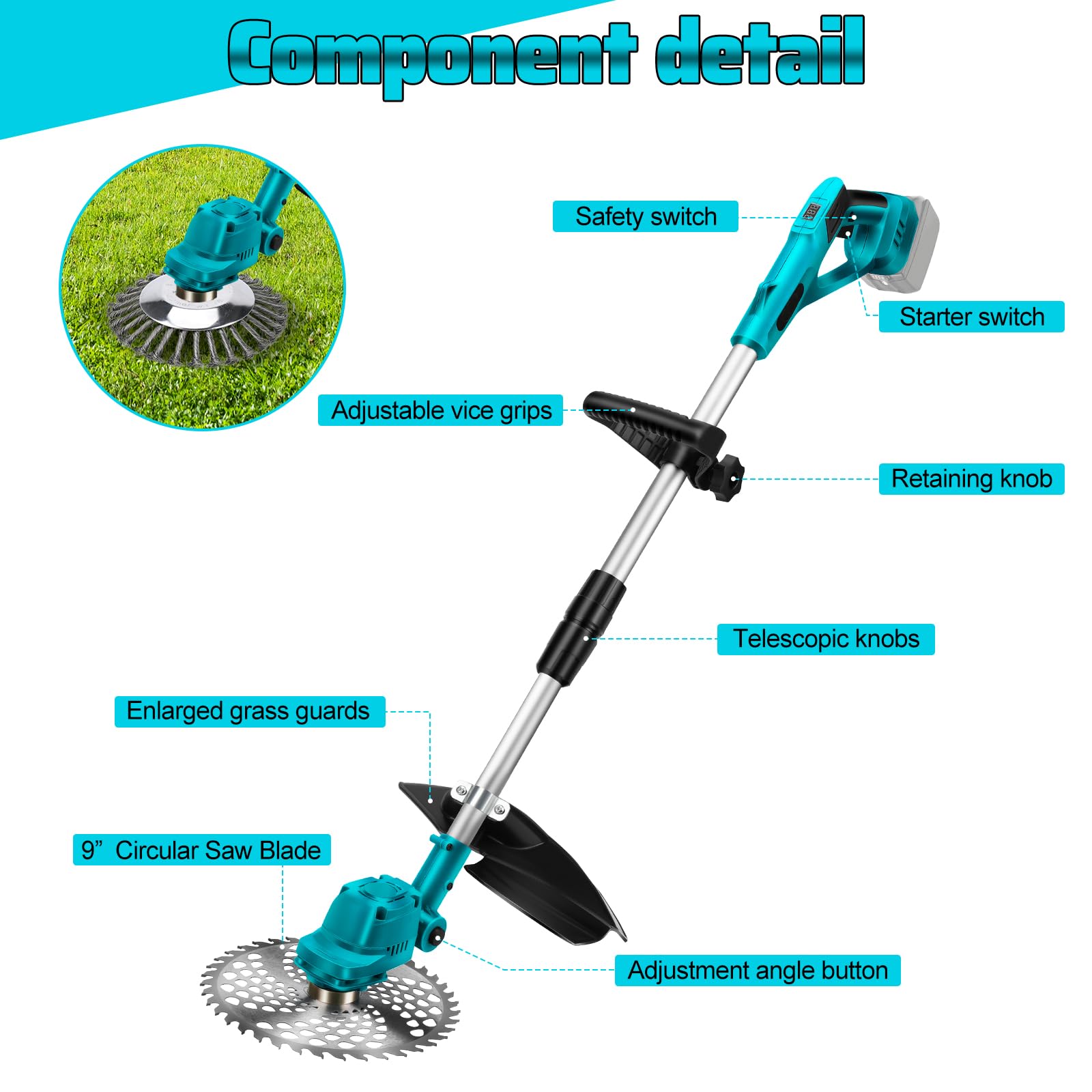 Desbrozadora compatible con Makita 18 V, con cepillo desmalezador y cuchilla